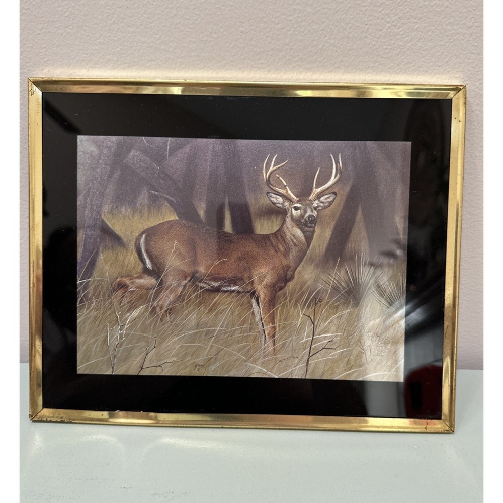 VTG Metallic Foil‎ Deer in Woods Framed Print Gold Shimmer Rustic Lodge 12x9 USA